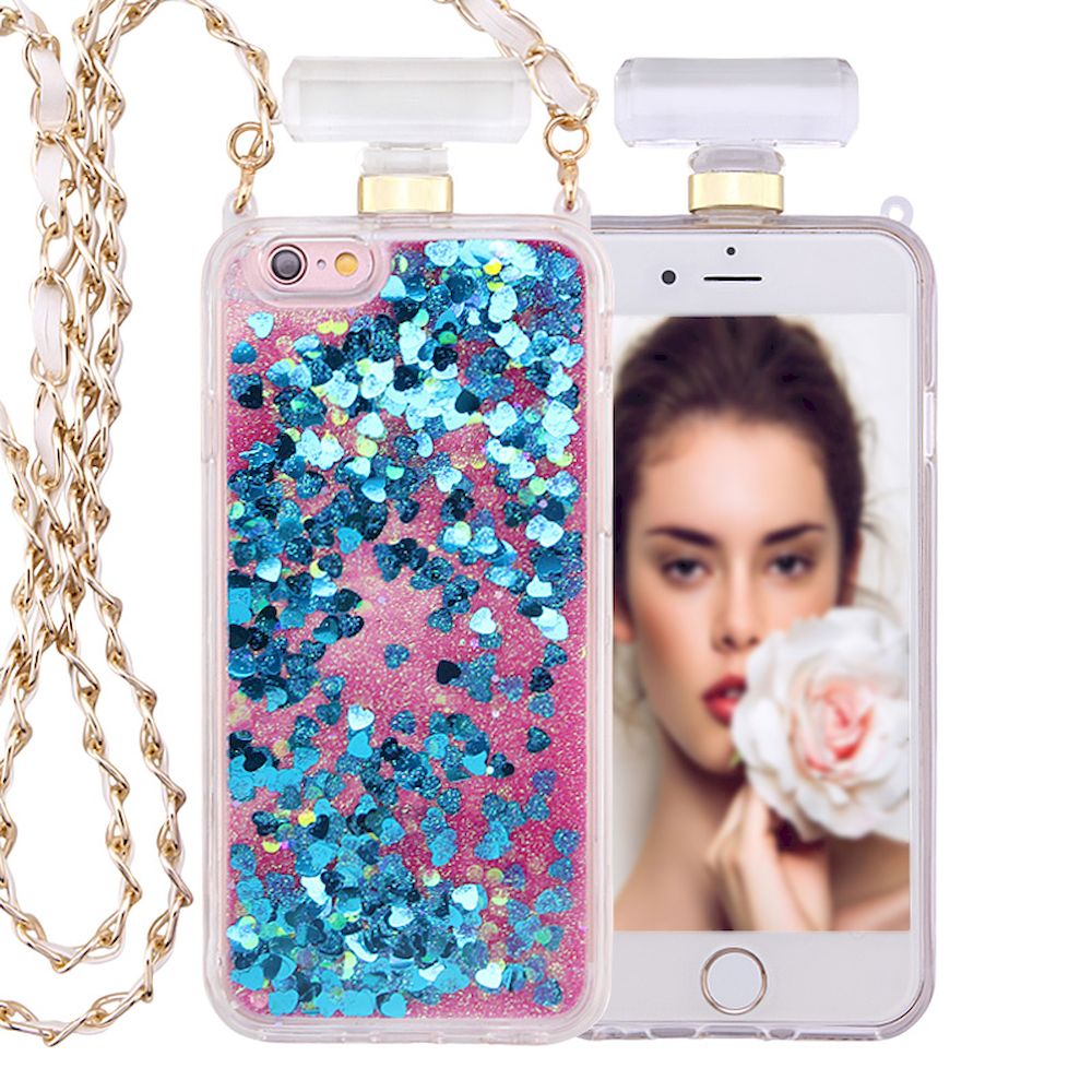 iPhone SE 2022 / 2020 / 8 / 7 PERFUME Bottle Glitter Shake Star Dust Necklace Case (Blue)